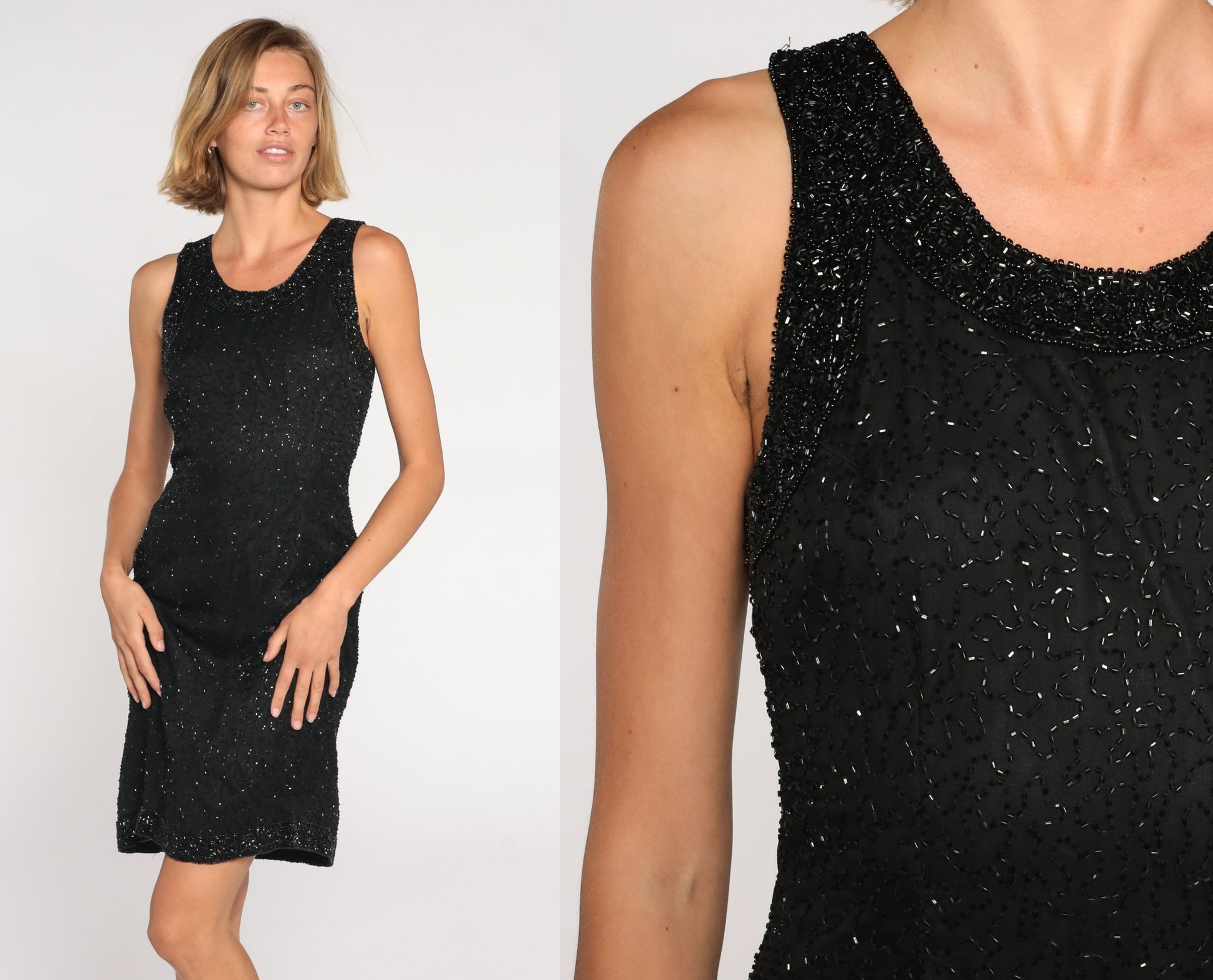 90s Black Silk Beaded Mini Dress Sleeveless Sheath Cocktail Medium M