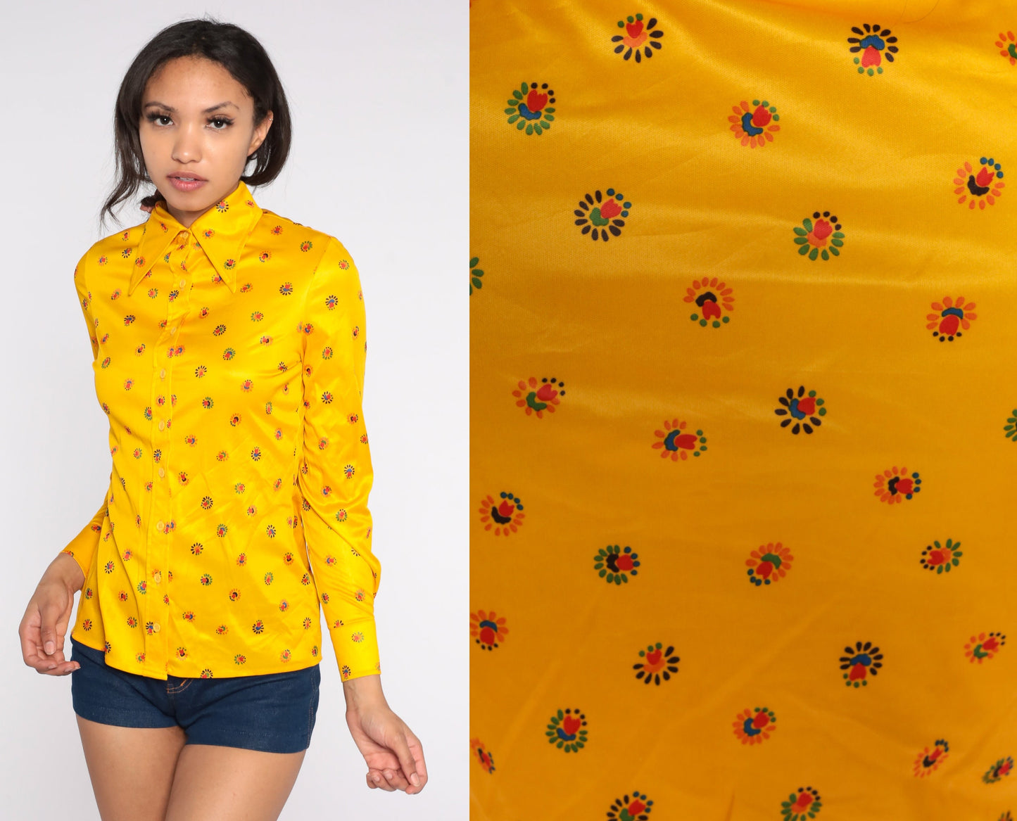70s I. Magnin Yellow Floral Button-Up Blouse Pointed Collar Long Sleeve Small