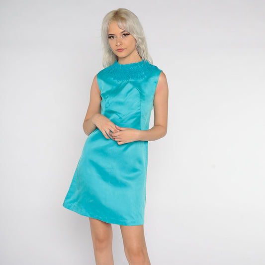 60s Mod Mini Dress Blue Floral Lace Sleeveless Sheath Extra Small XS