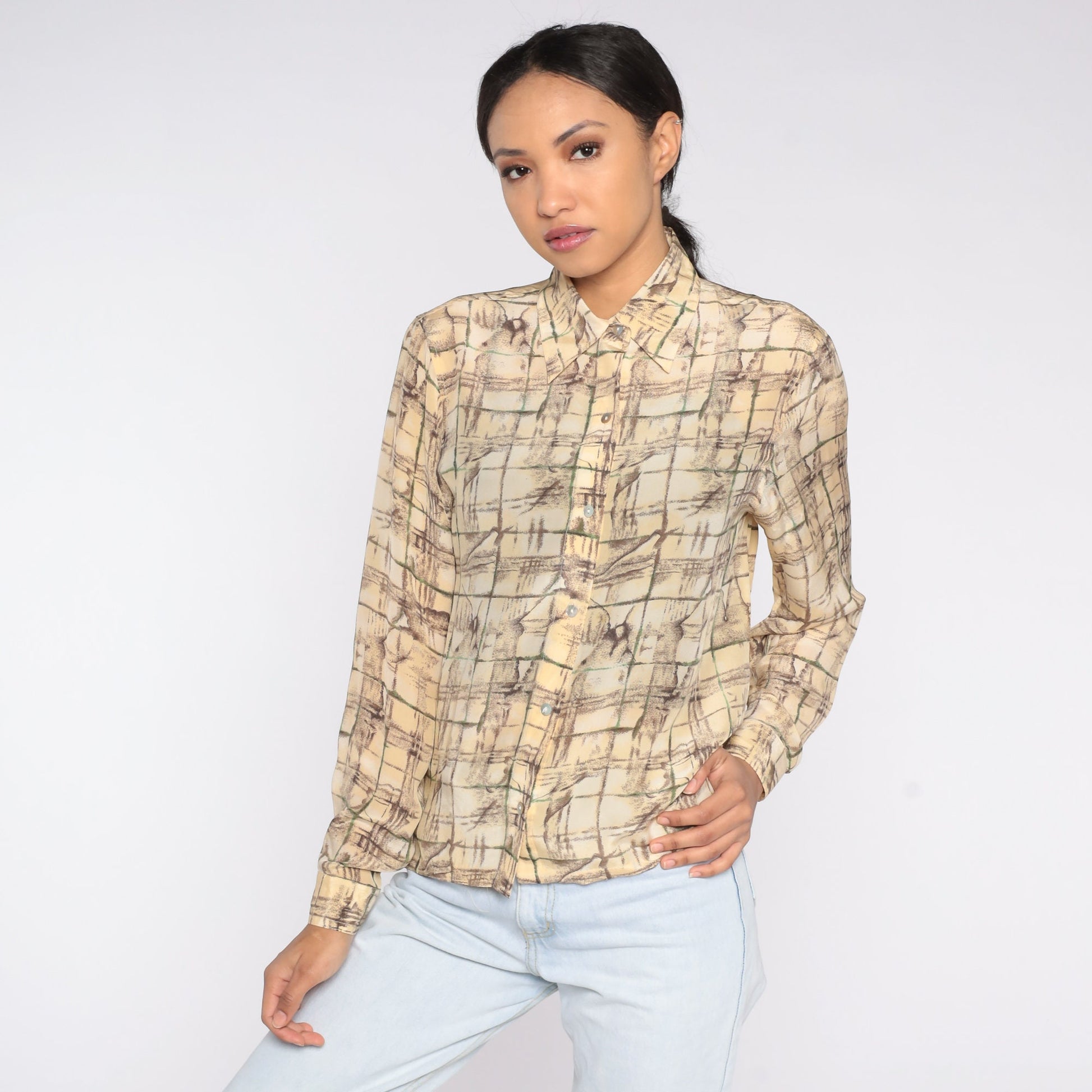 90s Silk Button Up Blouse Abstract Tile Print Cream Yellow Long Sleeve Small S