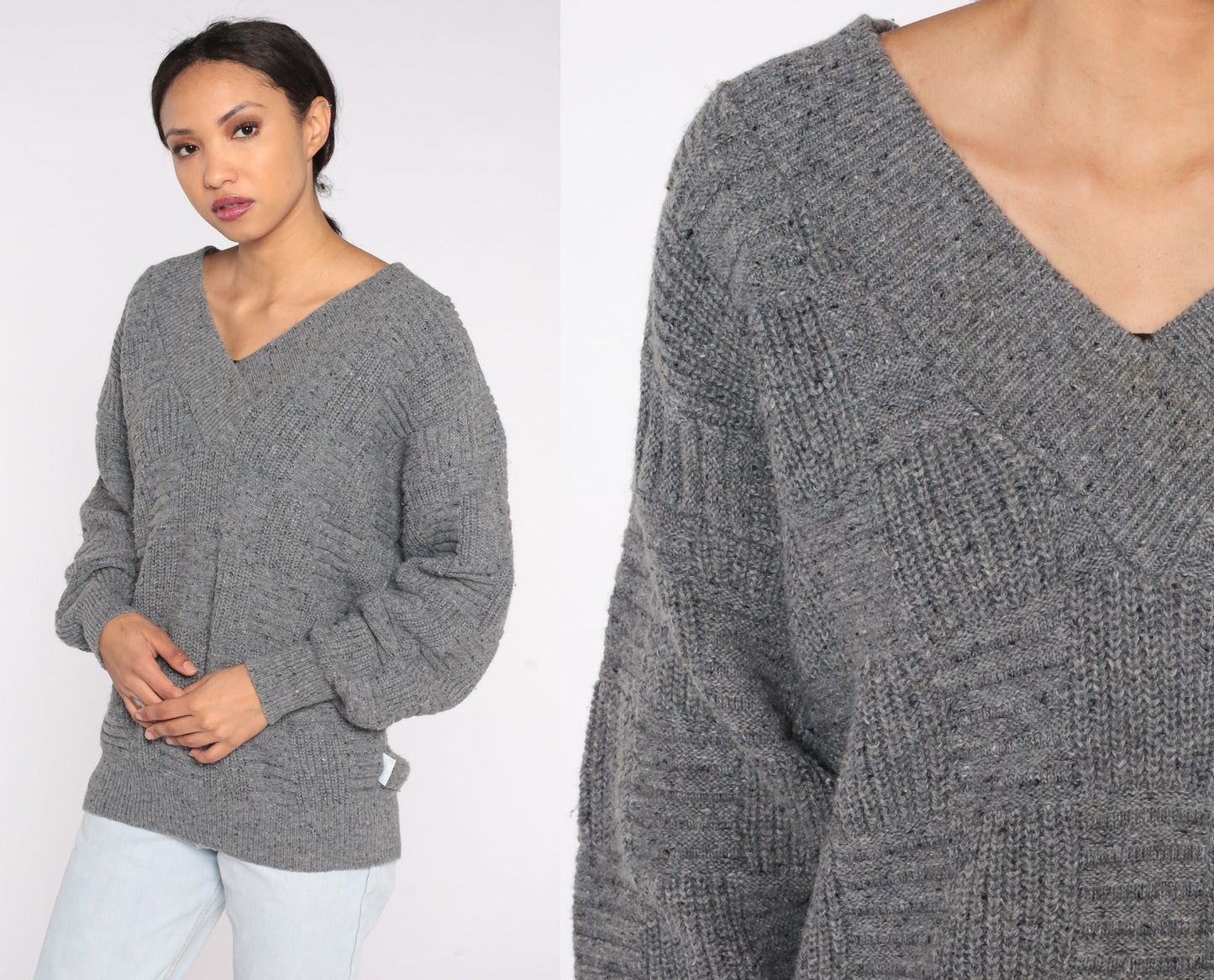 Pierre Cardin 90s Grey Textured Knit V-Neck Sweater Pullover Small