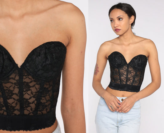 90s Black Lace Bustier Bra Strapless Sweetheart Neckline Underwire 36B