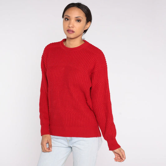 80s Saugatuck Red Knit Sweater Wavy Textured Crewneck Medium M