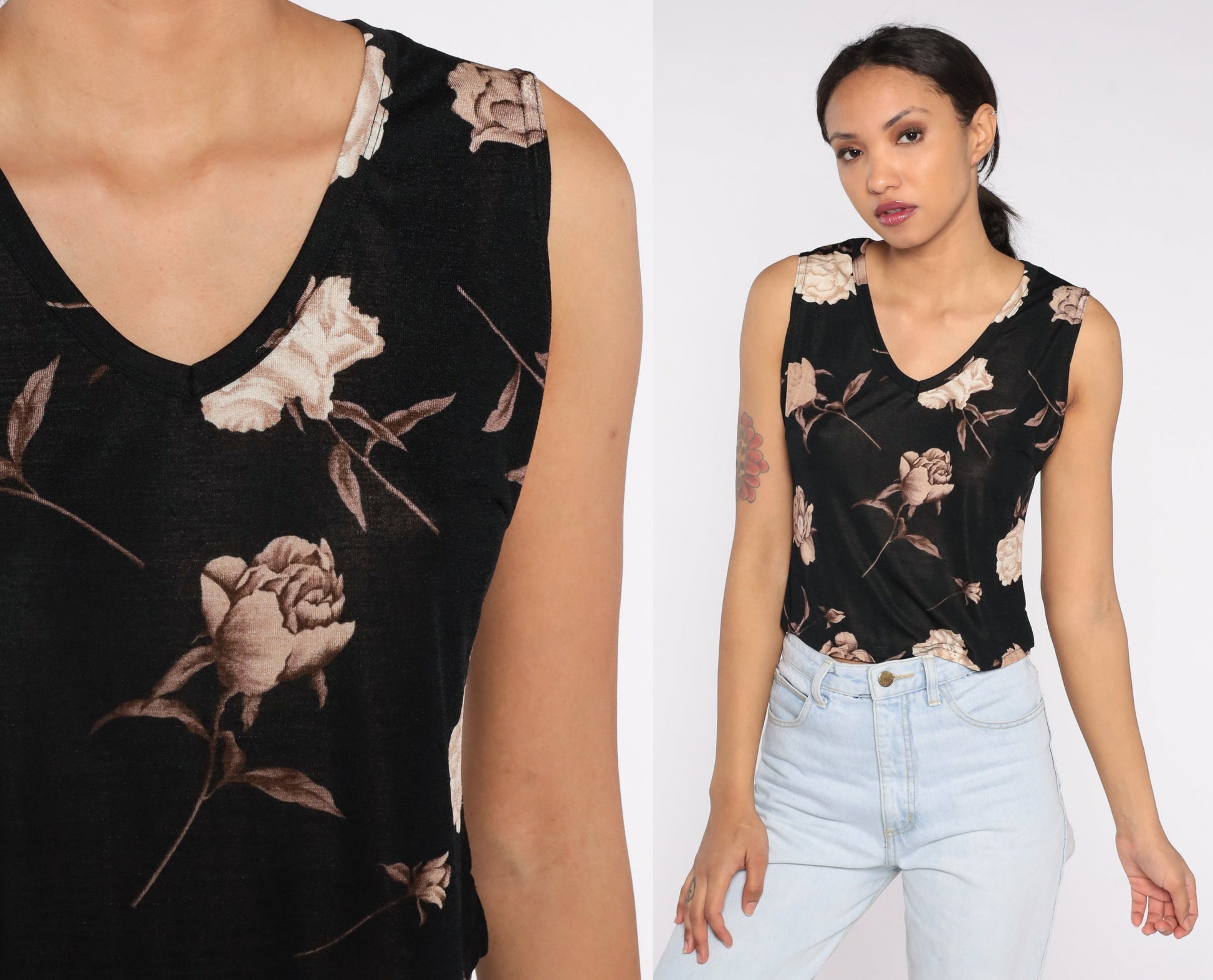90s Black Floral Tank Top V Neck Cropped Sleeveless Blouse Medium