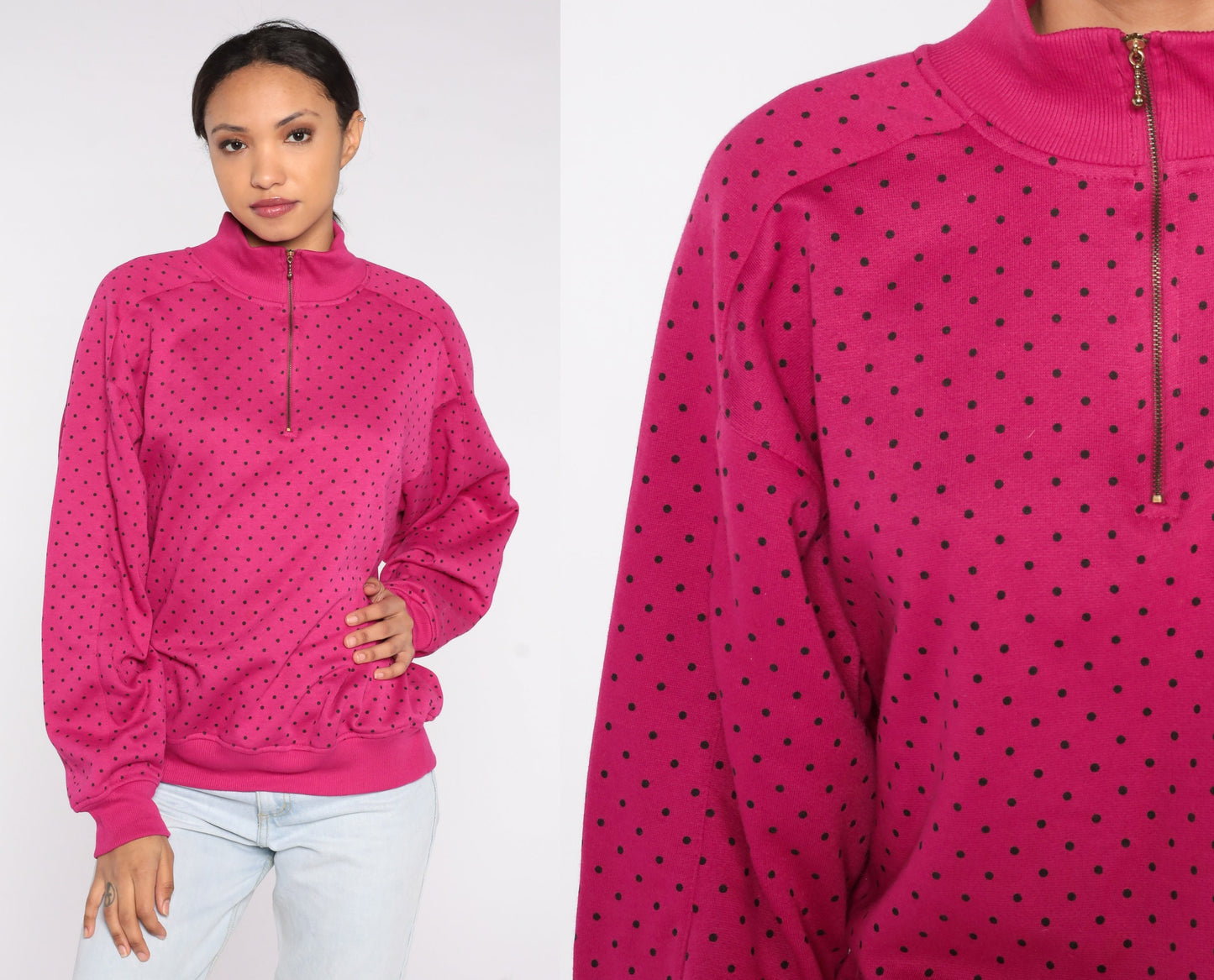 90s Pink Polka Dot Quarter Zip Sweatshirt Funnel Neck Pullover Large L