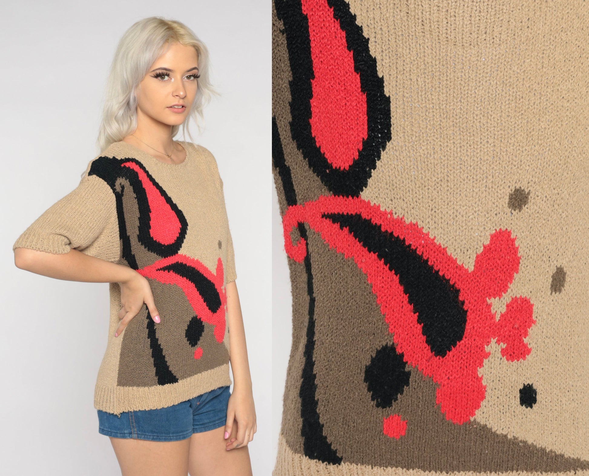 80s Tan Paisley Knit Top Short Sleeve Sweater Small S