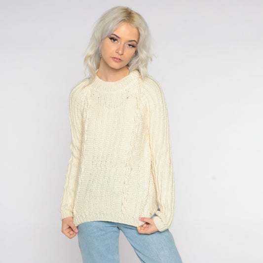 90s Cream Cable Knit Crewneck Pullover Sweater Small S