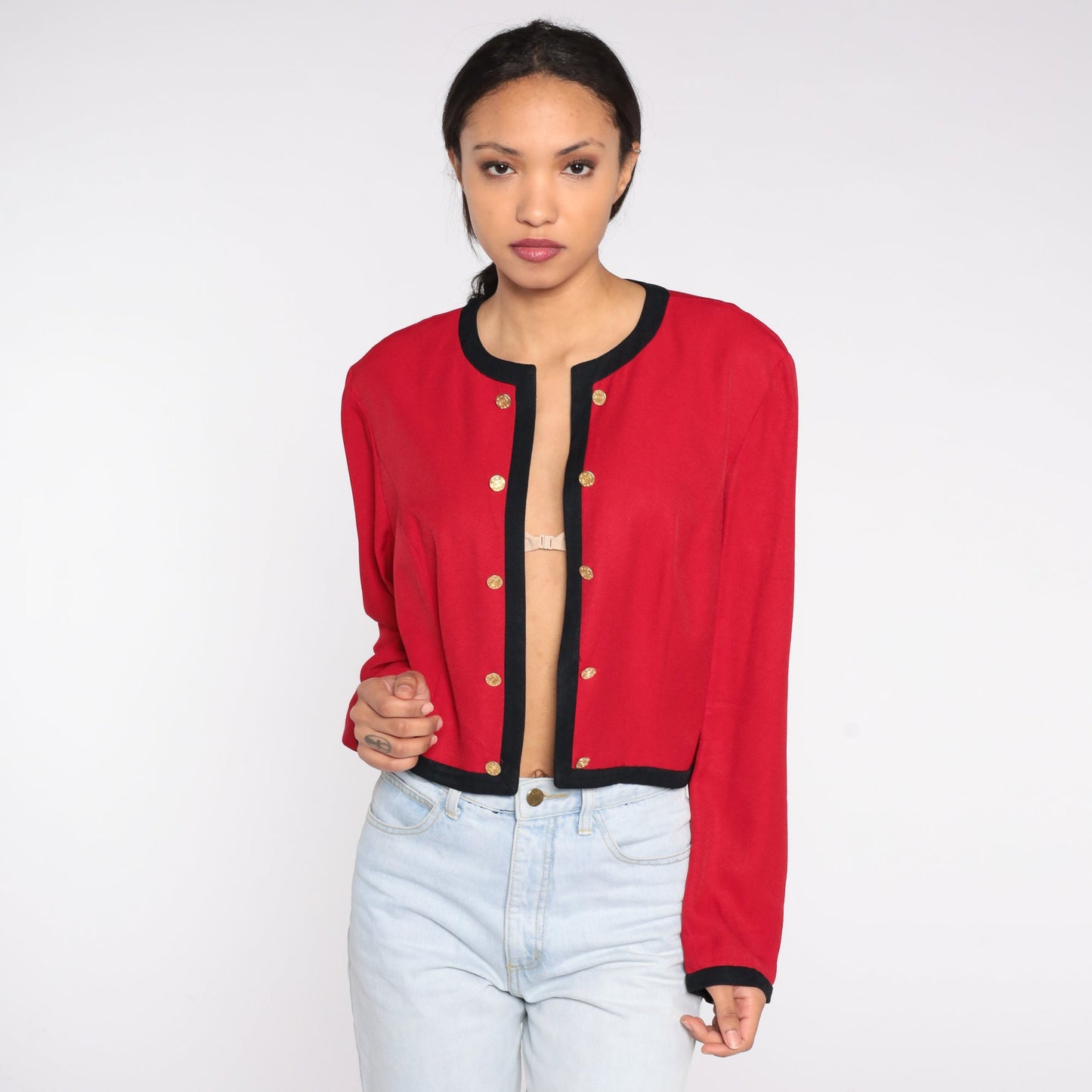 90s Red Cropped Jacket Gold Buttons Black Trim Open Front Small