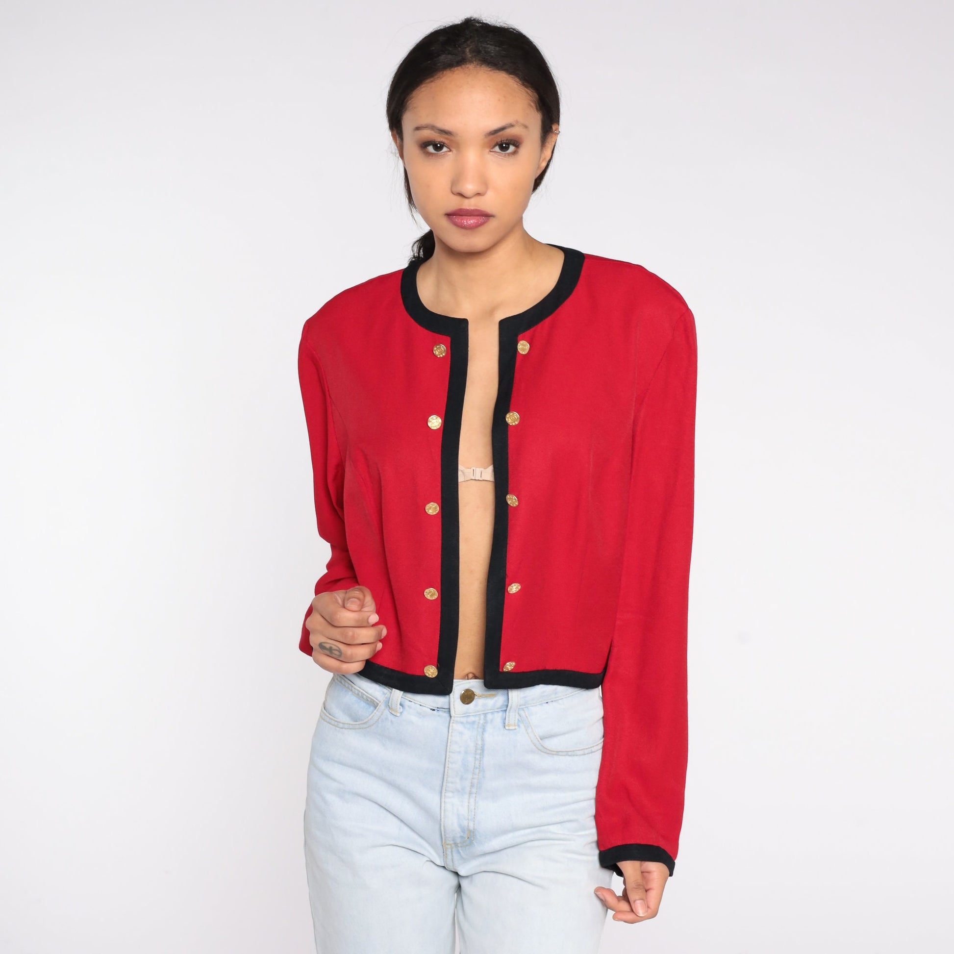 90s Red Cropped Jacket Gold Buttons Black Trim Open Front Small
