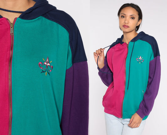 90s Color Block Zip Hoodie Sweatshirt Fleur de Lis Pink Green Purple Blue Large L
