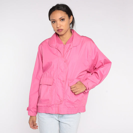 80s Bright Pink Windbreaker Jacket Snap Zip Front Spring Coat Large L