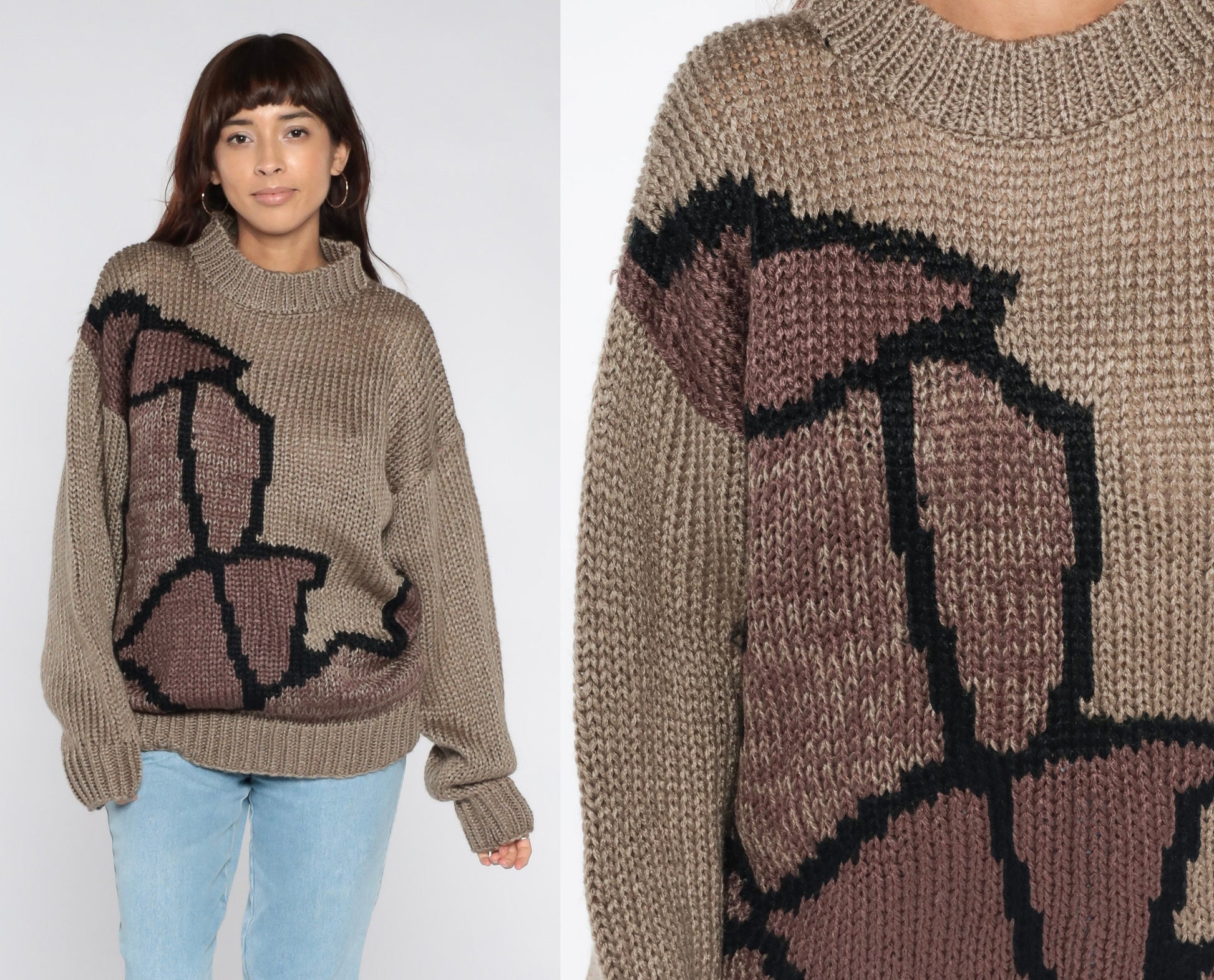 80s Abstract Jacquard Knit Sweater Taupe Crewneck Pullover Large