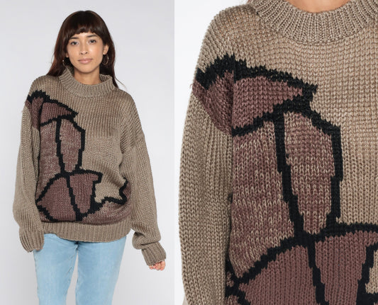 80s Abstract Jacquard Knit Sweater Taupe Crewneck Pullover Large
