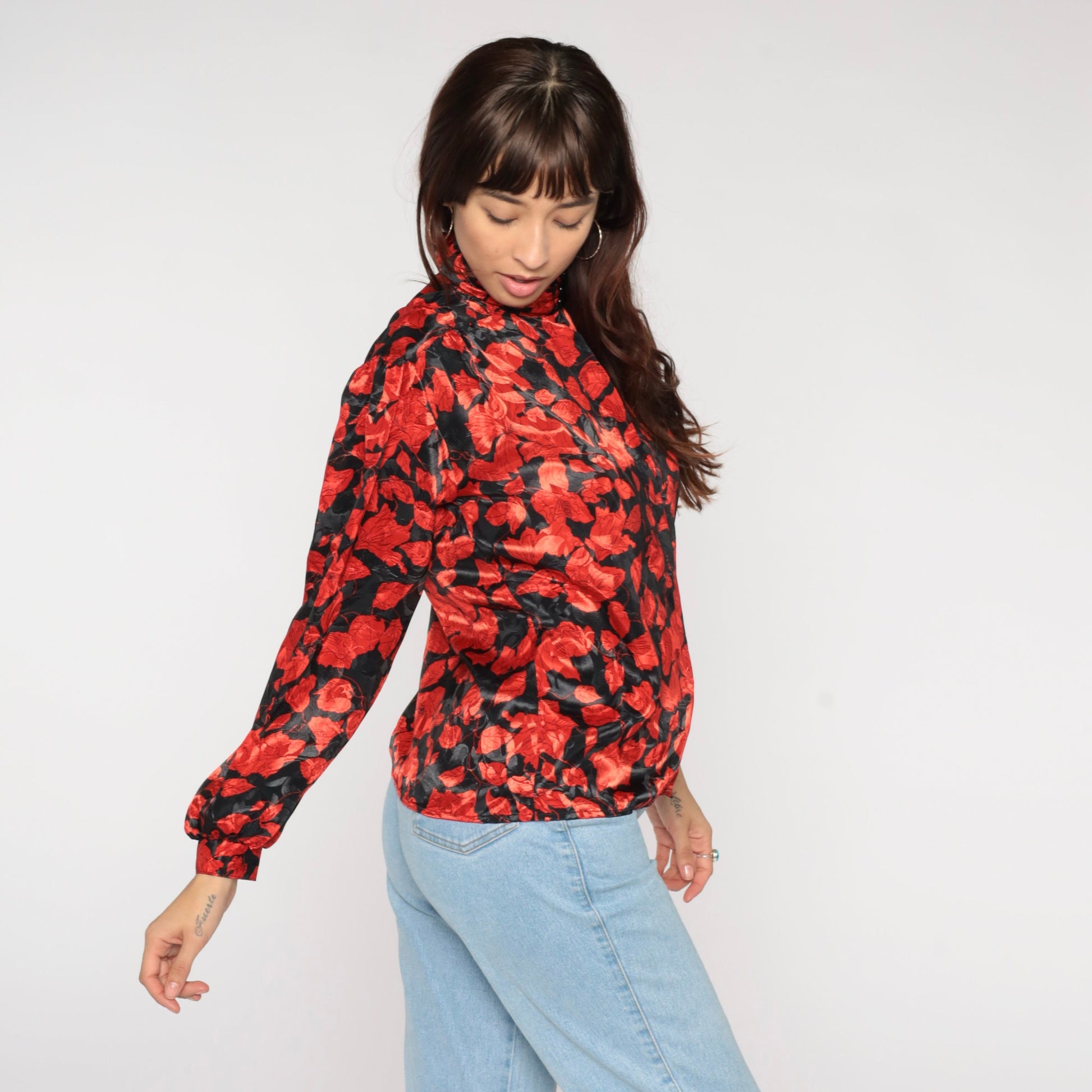 80s Black Red Floral Puff Sleeve Button-Up Blouse Small