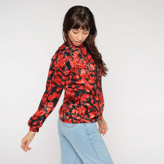 80s Black Red Floral Puff Sleeve Button-Up Blouse Small