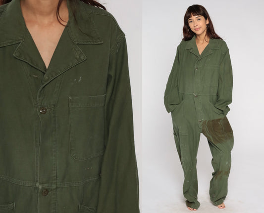 80s Army Coveralls Flight Suit Button Up Jumpsuit Olive Green Mens Large