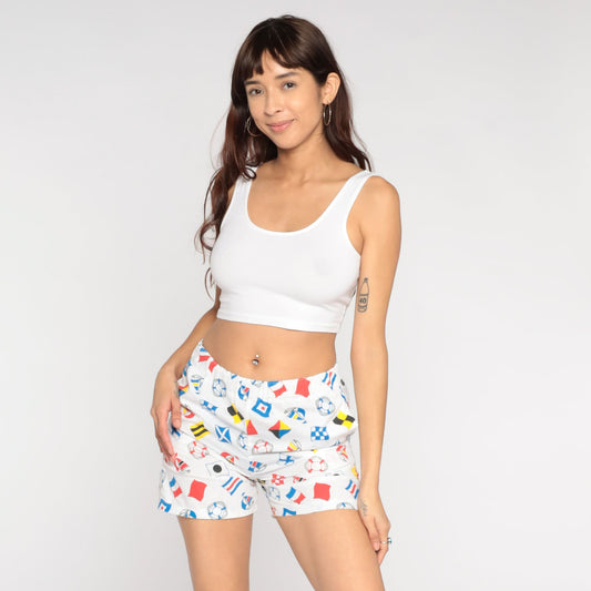 80s Nautical Print White Shorts Elastic Waist High Rise Small