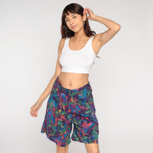 90s Fruit Leaf Print High-Waist Pleated Shorts Rayon Medium M