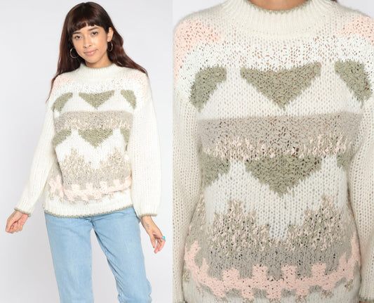 80s Geometric Mock Neck Sweater White Knit Pullover Small S
