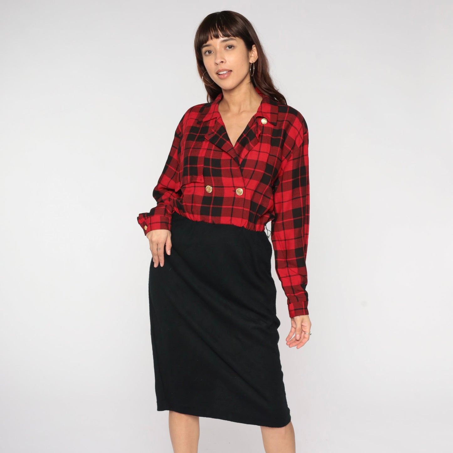 80s Red Plaid Midi Shirt Dress Black Pencil High Waist Button Up Medium