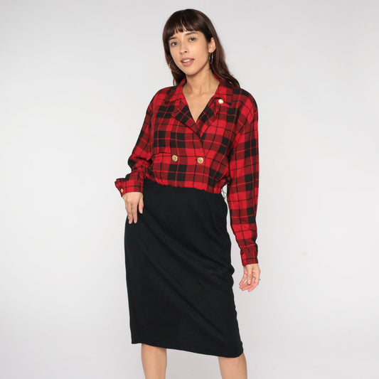 80s Red Plaid Midi Shirt Dress Black Pencil High Waist Button Up Medium