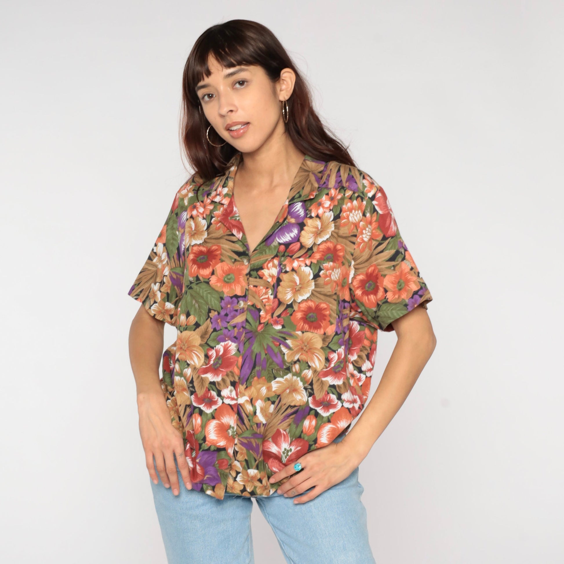 90s Tropical Floral Button-Up Blouse Multicolor Leaf Print Short Sleeve Extra Large