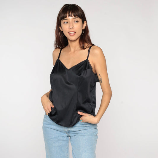 80s Black Nylon Camisole Spaghetti Strap Tank Top V-Neck Large
