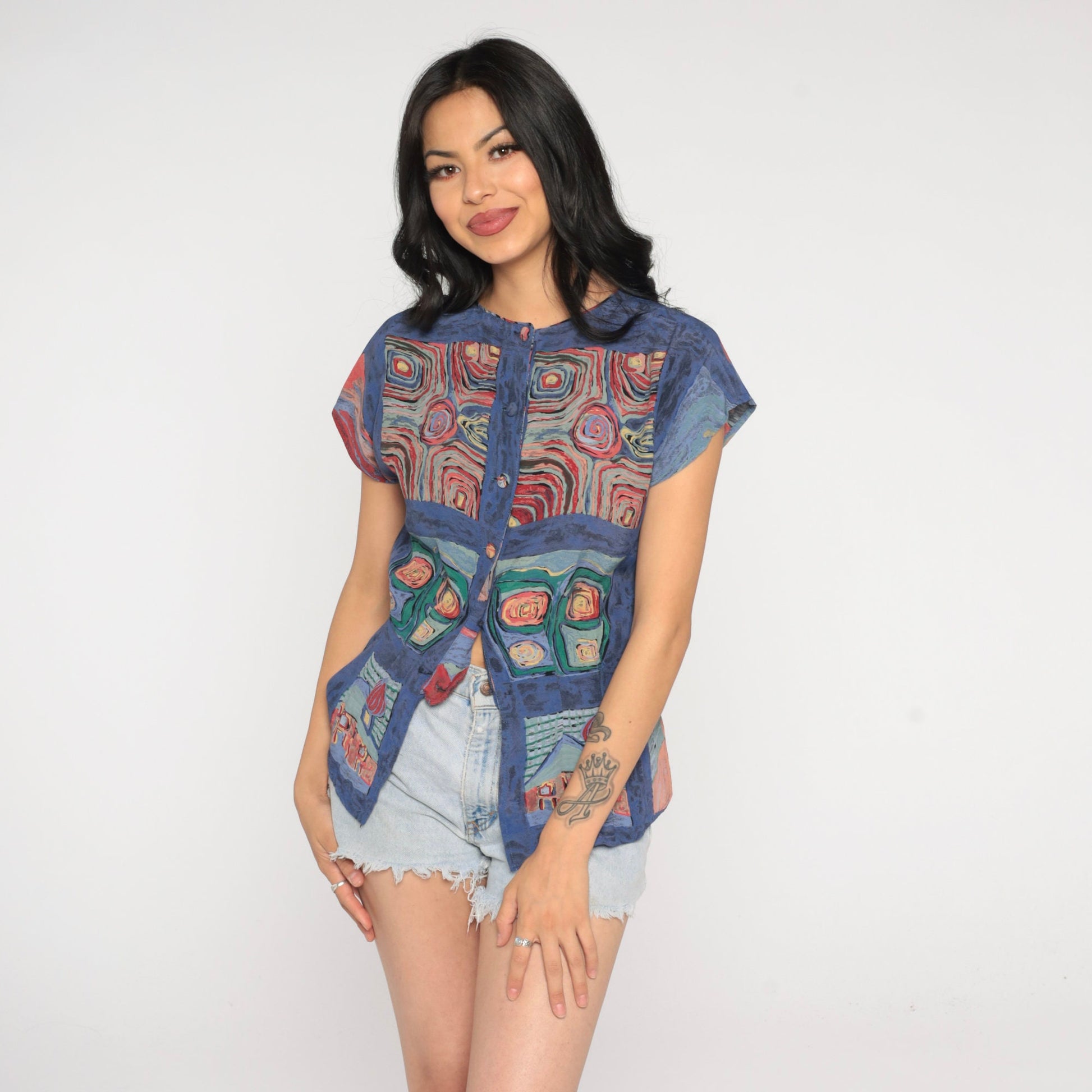 90s Abstract Swirl Print Button-Up Blouse Cap Sleeve Rayon Small S