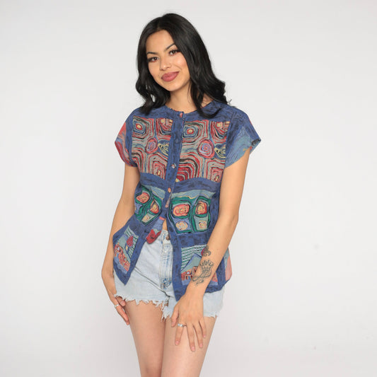 90s Abstract Swirl Print Button-Up Blouse Cap Sleeve Rayon Small S