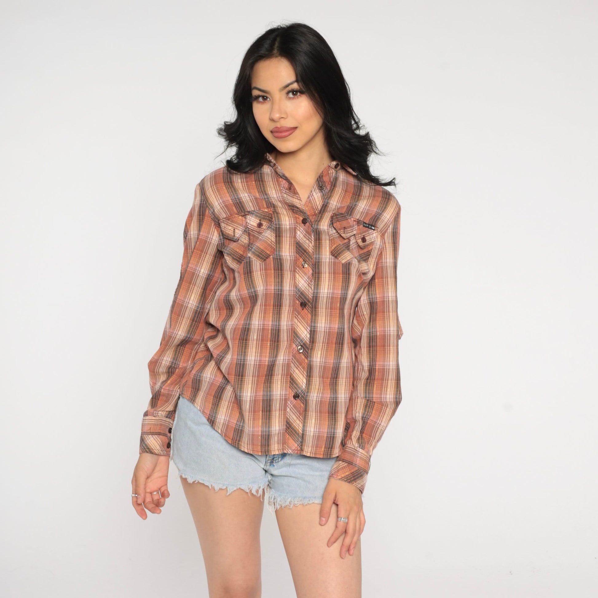 70s Brown Plaid Metallic Button-Up Shirt Long Sleeve Small