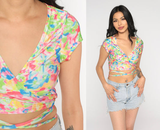 Y2K Colorful Abstract Print Wrap Crop Top Short Sleeve V Neck Small Medium