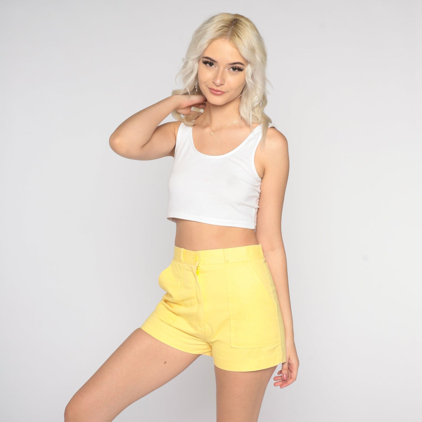 80s Yellow High-Waisted Shorts Cotton Blend Small S
