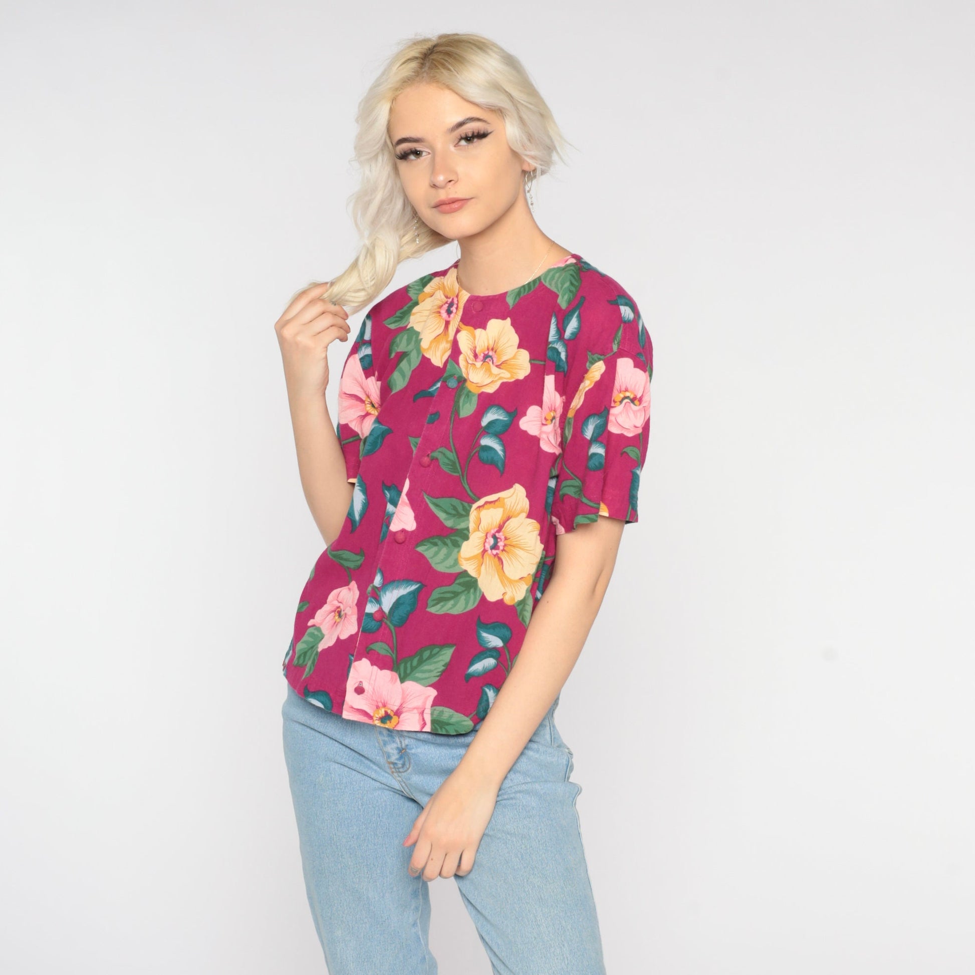 80s Liz Claiborne Floral Button-Up Blouse Dark Pink Cotton Small