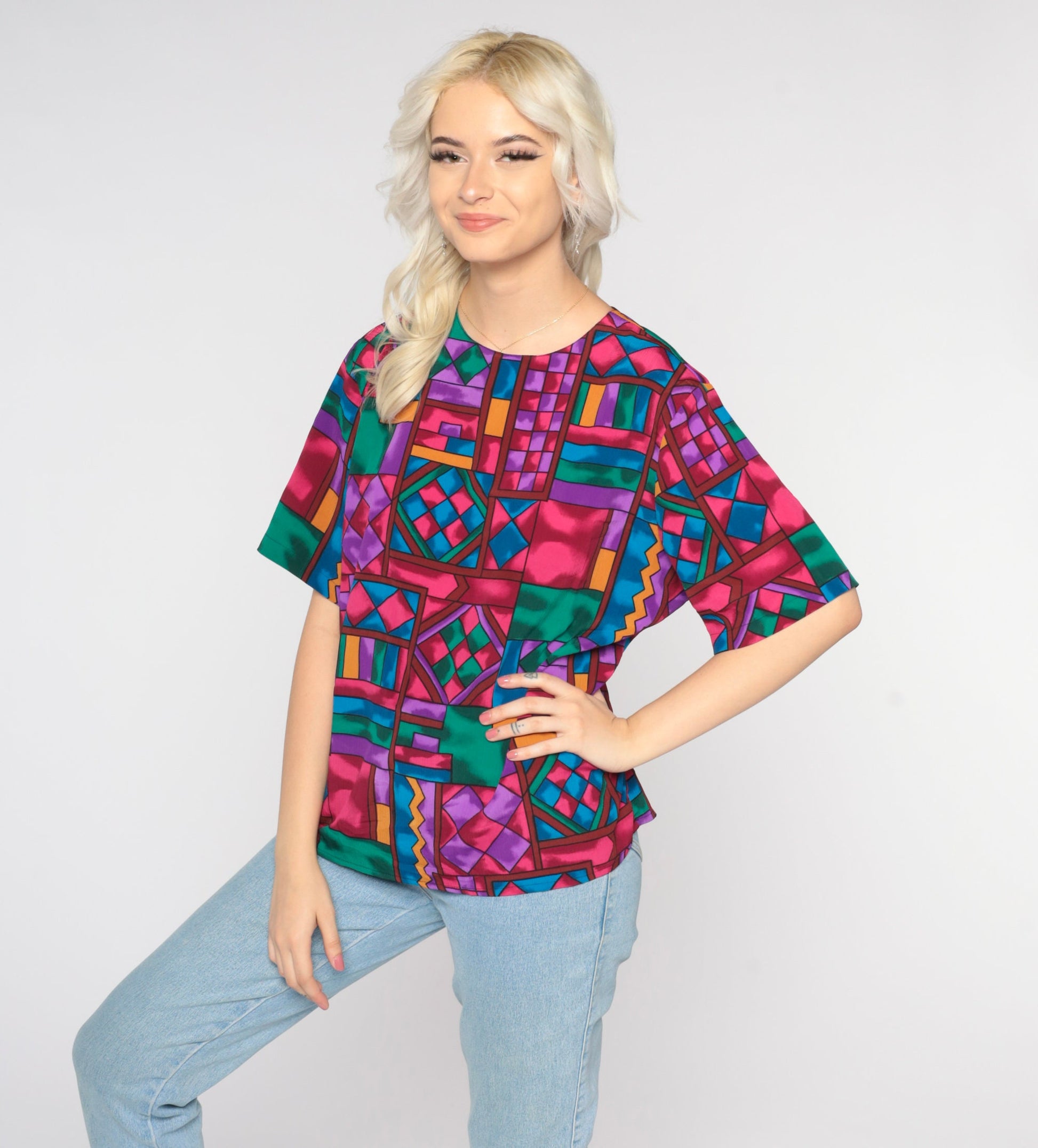 80s Geometric Abstract Square Print Blouse Rainbow Short Sleeve Large L