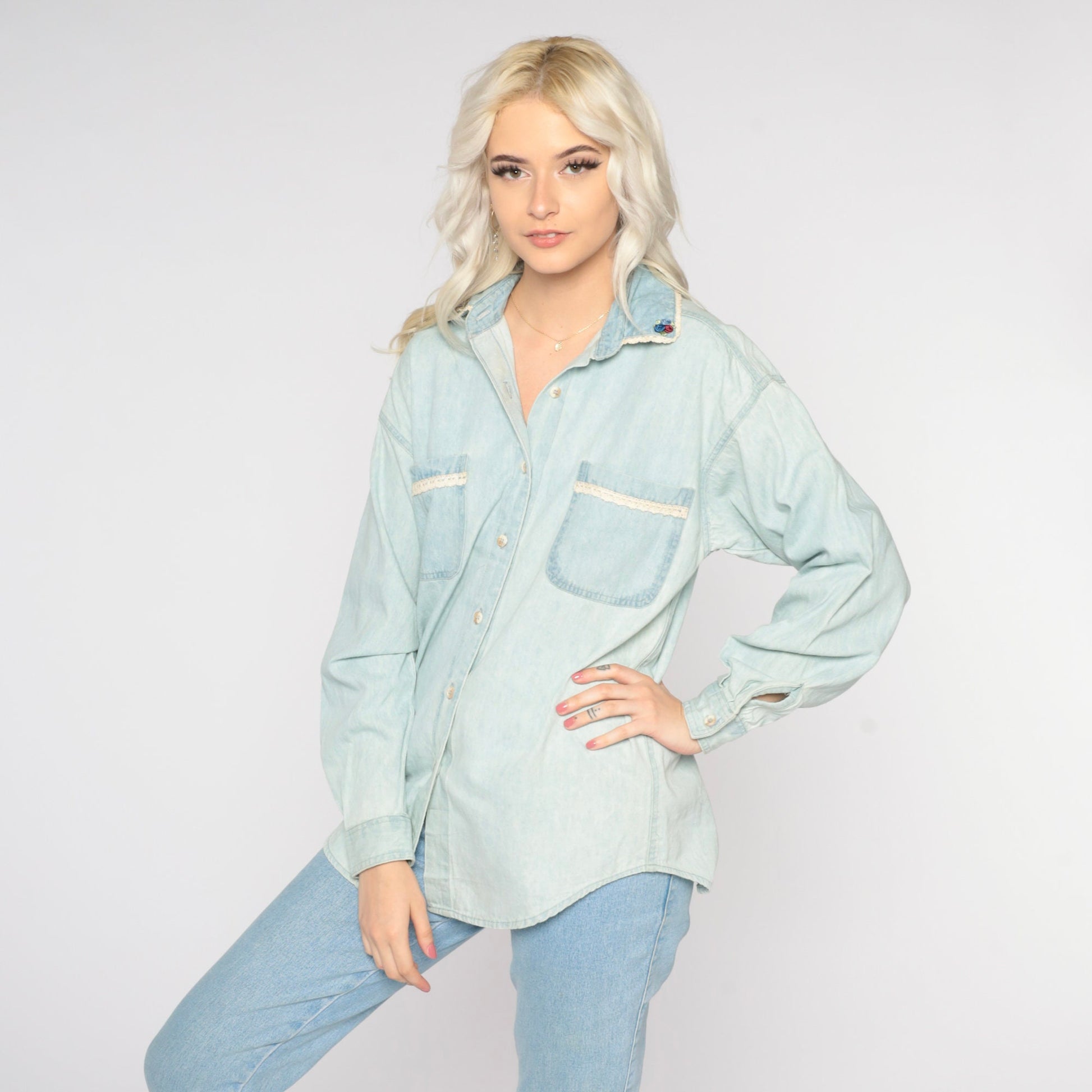 90s Light Blue Chambray Button-Up Blouse Lace Trim Rosette Small
