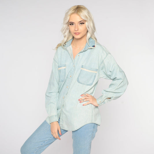 90s Light Blue Chambray Button-Up Blouse Lace Trim Rosette Small