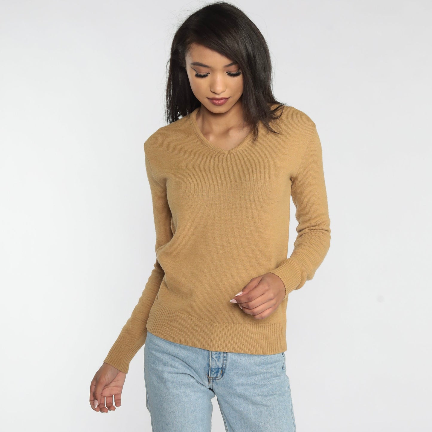70s Tan V-Neck Pullover Sweater Knit Acrylic Small