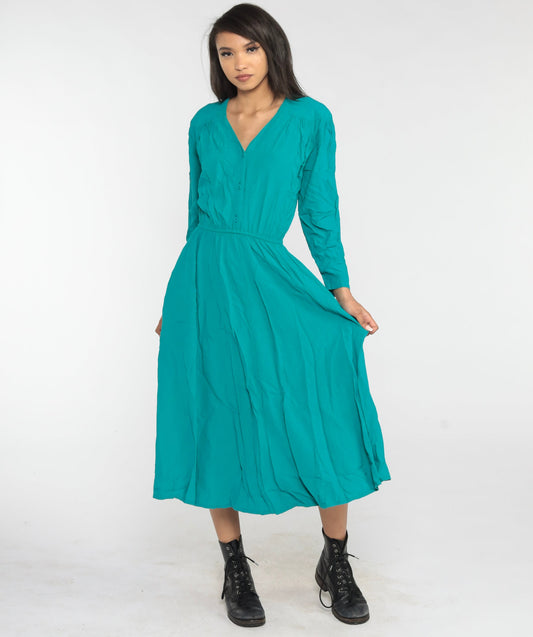 00s Teal Button-Up Maxi Dress High Waist Long Sleeve V-Neck Medium M