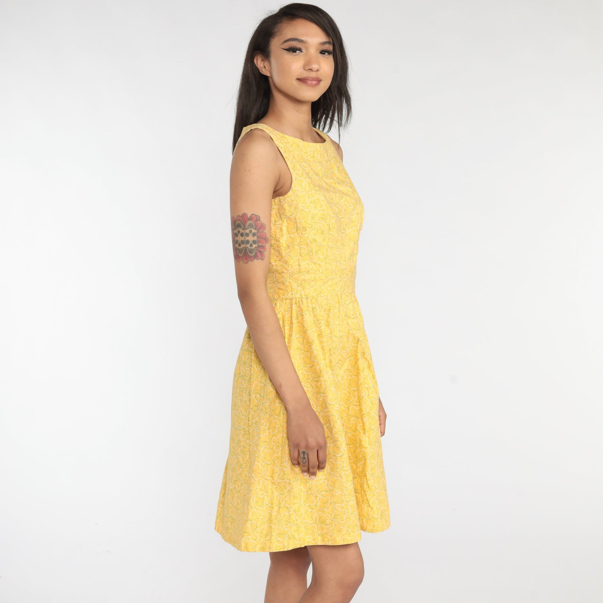 60s Yellow Mini Dress Abstract Print A-Line Sleeveless Cotton Extra Small