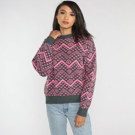 90s Pink Zig Zag Geometric Wool Blend Sweater Grey Crewneck Small S