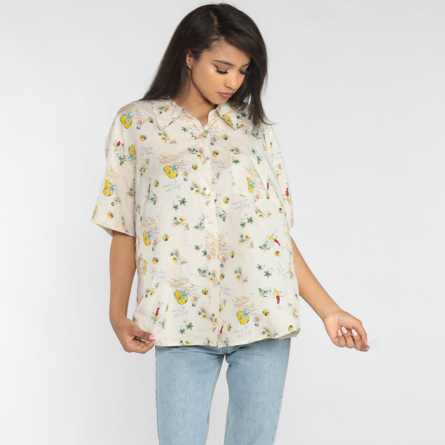 00s Liz Claiborne Silk Button-Up Blouse Beach Print Short Sleeve XXL