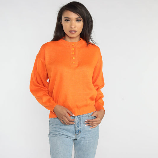 80s Orange Knit Henley Sweater Button-Up Small