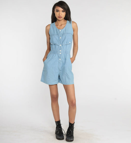 90s Light Blue Chambray Denim Romper Playsuit Button Up Cotton Small