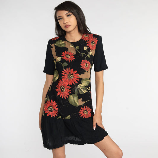 90s Black Floral Mini Dress Drop Waist Ruffle Short Sleeve Small S