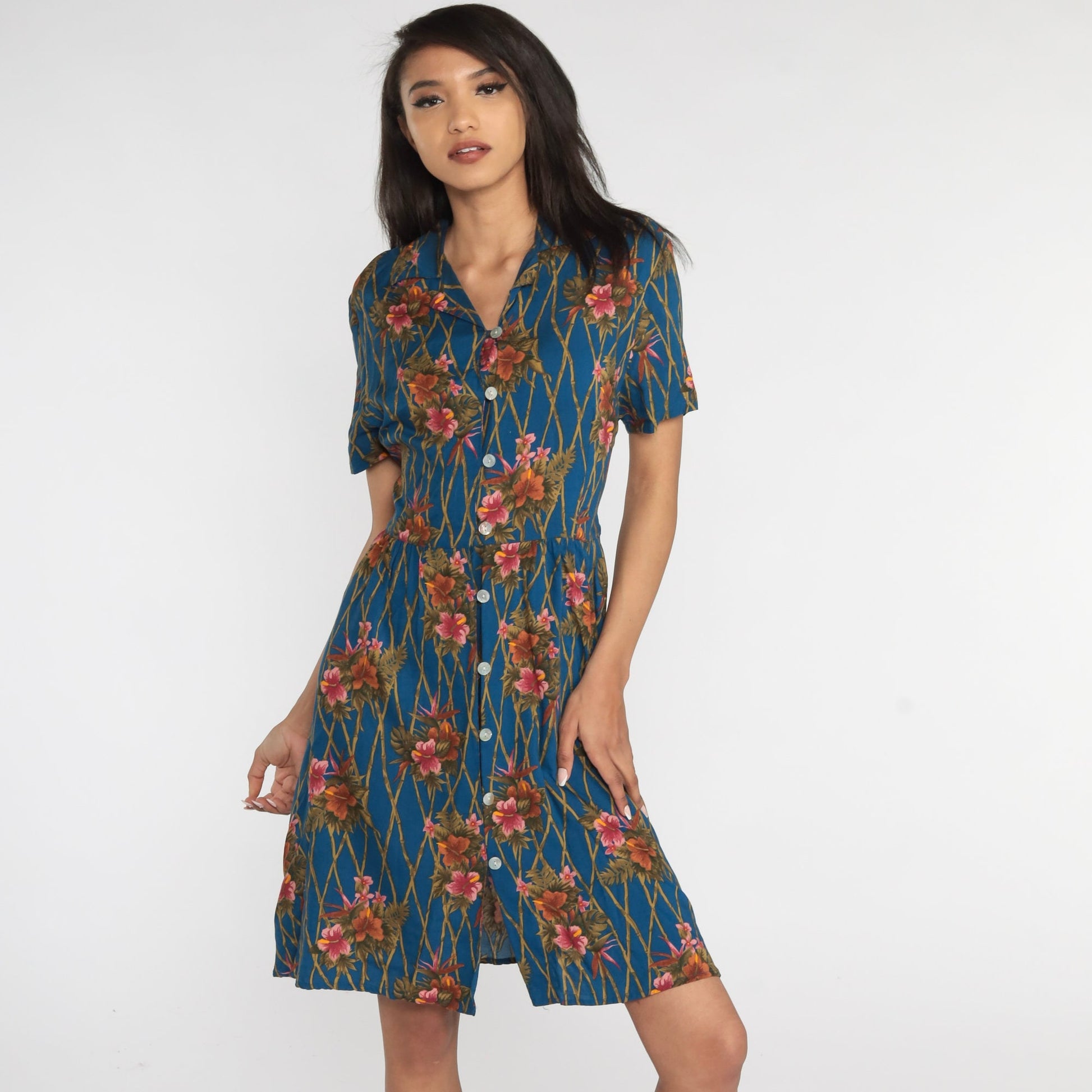 00s Karen Scott Hawaiian Floral Shirtdress Blue Tropical Knee-Length Medium