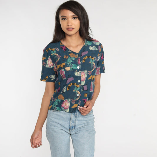 90s Blue Abstract Floral Button Up Blouse Short Sleeve Botanical Print Medium M
