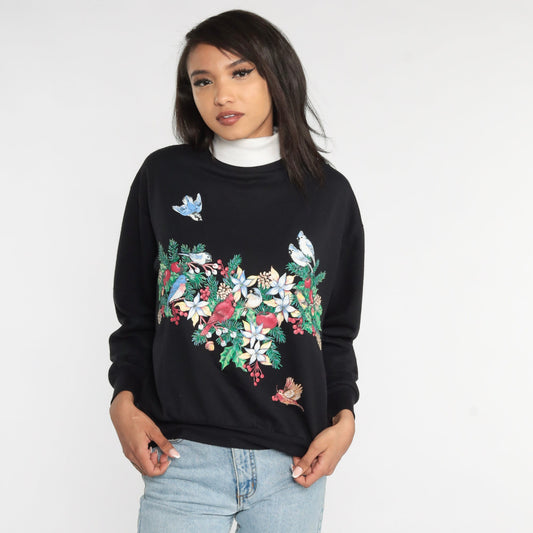 90s Bird Floral Wreath Turtleneck Sweatshirt Black Graphic Pullover Medium