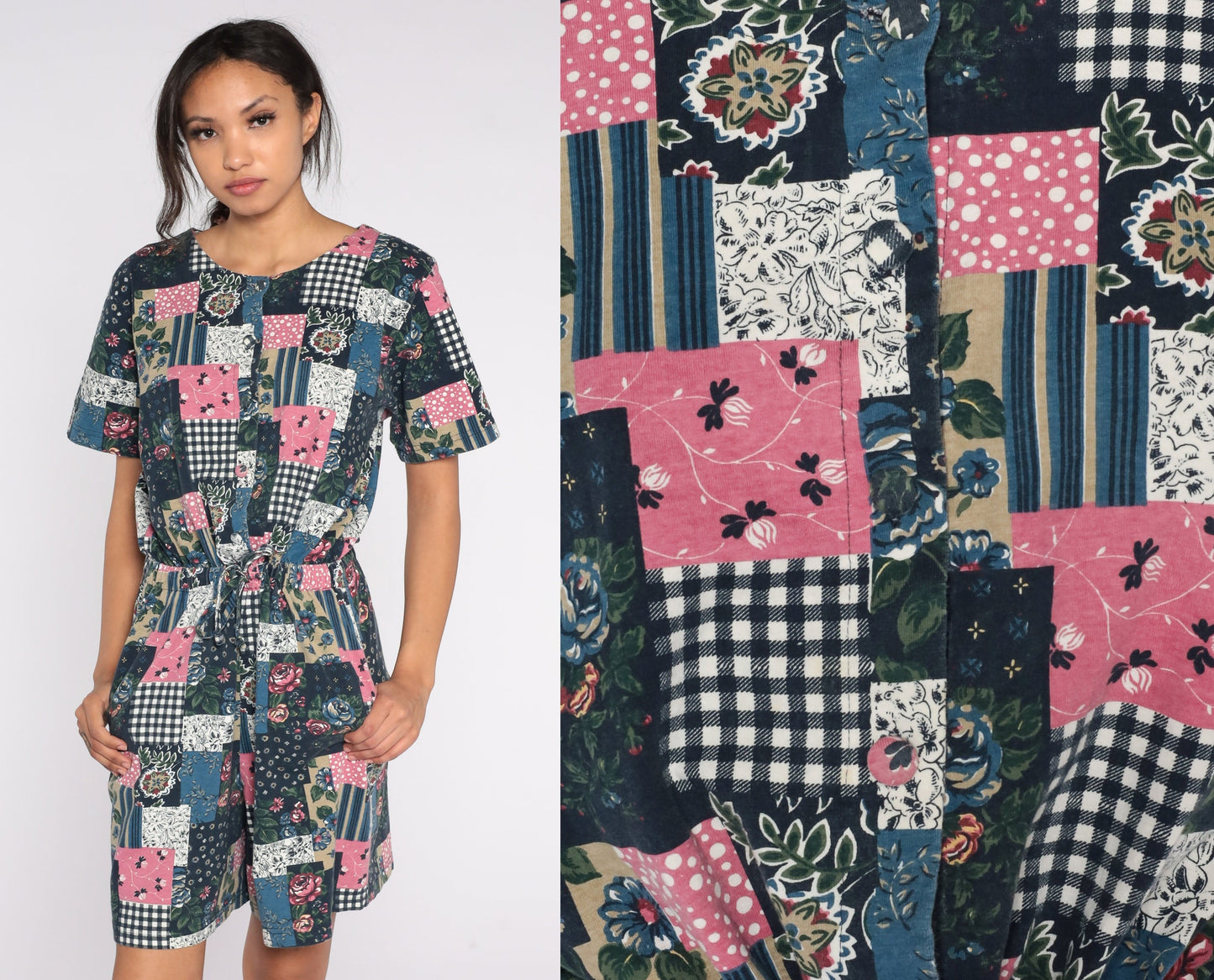 90s Patchwork Floral Wide-Leg Romper Cotton Button-Up Playsuit Medium