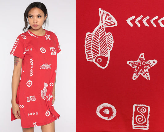 90s Fish Seashell Print Cotton Mini Dress Red Short Sleeve Small S