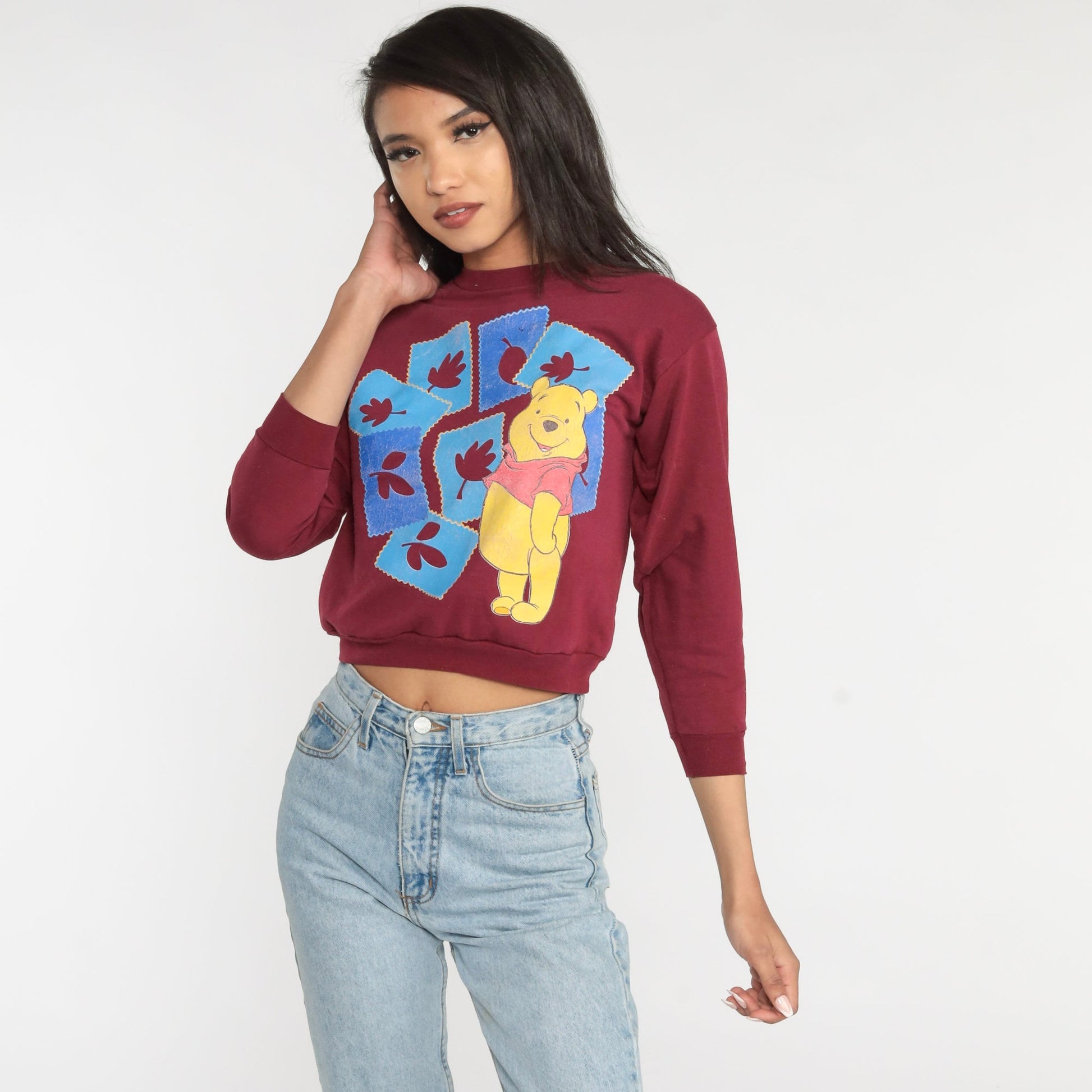 Y2K Winnie The Pooh Burgundy Autumn Leaves Sweatshirt Disney Graphic Crewneck XS